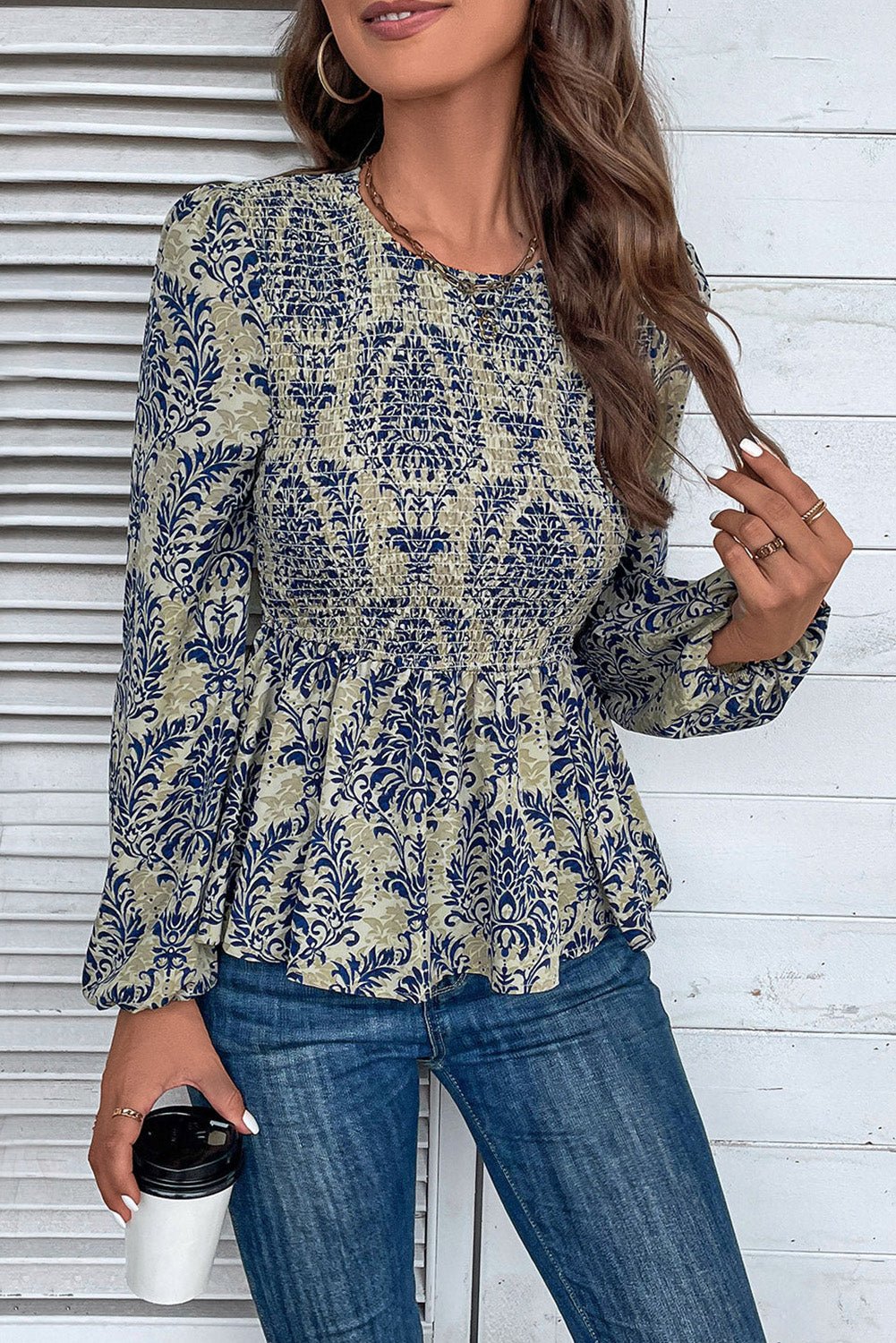 Sky Blue Boho Printed Balloon Sleeve Smocked Peplum Blouse - Crowned Energy CO.
