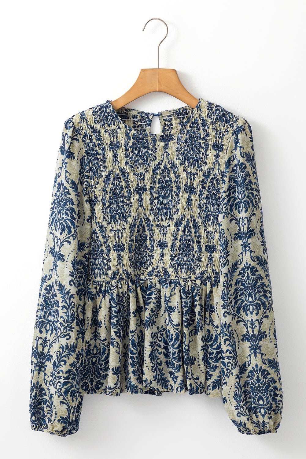 Sky Blue Boho Printed Balloon Sleeve Smocked Peplum Blouse - Crowned Energy CO.