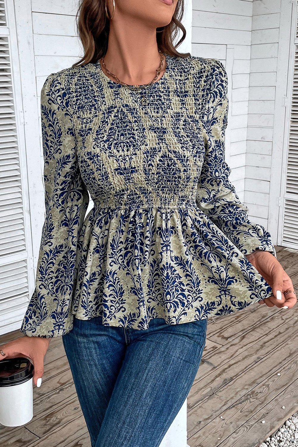 Sky Blue Boho Printed Balloon Sleeve Smocked Peplum Blouse - Crowned Energy CO.
