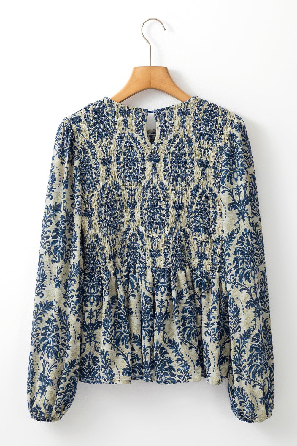 Sky Blue Boho Printed Balloon Sleeve Smocked Peplum Blouse - Crowned Energy CO.