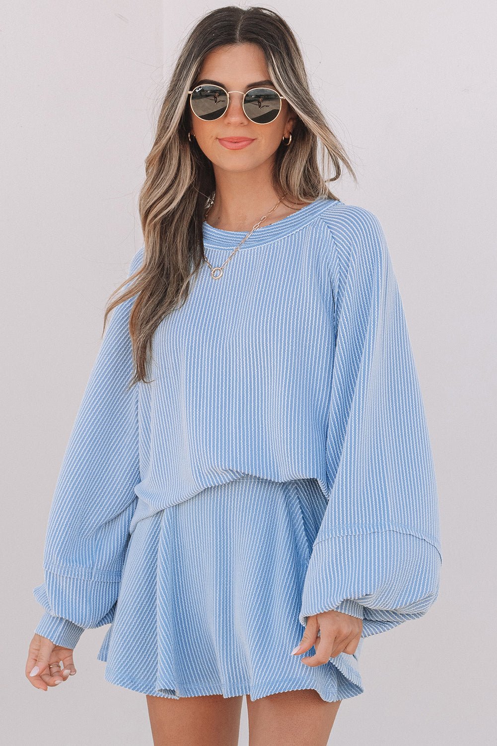 Crowned Energy CO. Sky Blue / S / 75%Polyester+20%Viscose+5%Elastane Dear-Lover Dropshipping Two Piece Sets/Two Piece Dresses Sky Blue Corded Lantern Sleeve Top High Waist Ruffled Mini Skirt Set