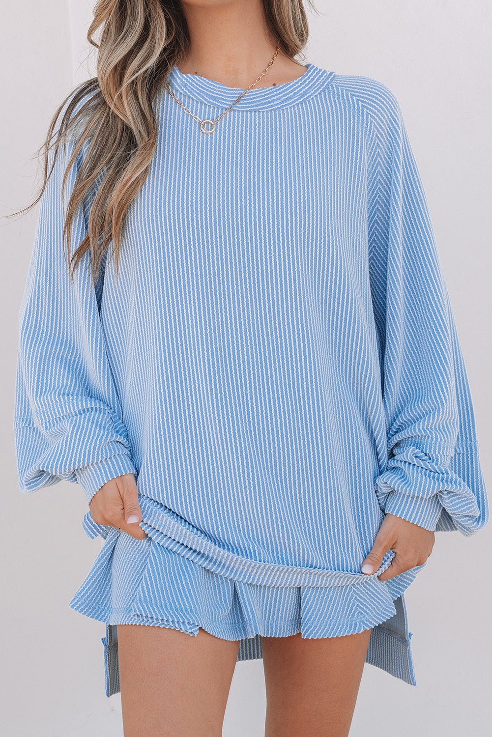 Crowned Energy CO. Sky Blue / S / 75%Polyester+20%Viscose+5%Elastane Dear-Lover Dropshipping Two Piece Sets/Two Piece Dresses Sky Blue Corded Lantern Sleeve Top High Waist Ruffled Mini Skirt Set