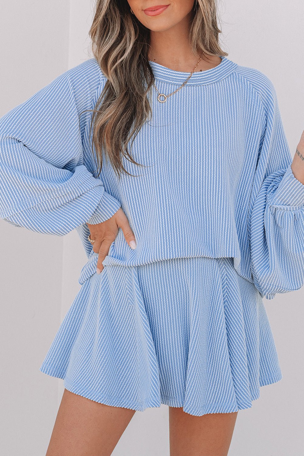 Crowned Energy CO. Sky Blue / S / 75%Polyester+20%Viscose+5%Elastane Dear-Lover Dropshipping Two Piece Sets/Two Piece Dresses Sky Blue Corded Lantern Sleeve Top High Waist Ruffled Mini Skirt Set