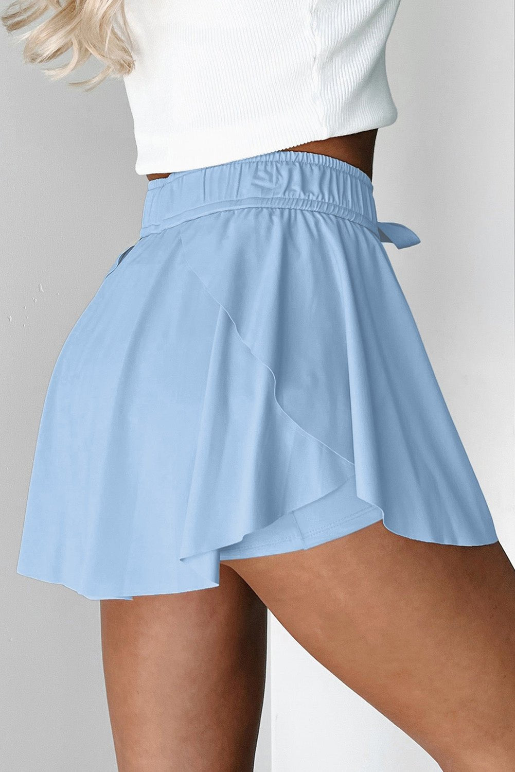 Sky Blue Drawstring Elastic Waistband Lined Tennis Skorts - Crowned Energy CO.