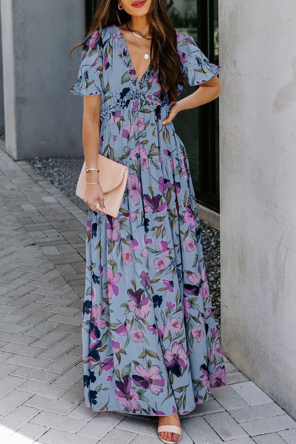 Sky Blue Fiery Floral Print Frilled V Neck Short Sleeve Maxi Dress - Crowned Energy CO.