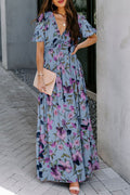 Sky Blue Fiery Floral Print Frilled V Neck Short Sleeve Maxi Dress - Crowned Energy CO.