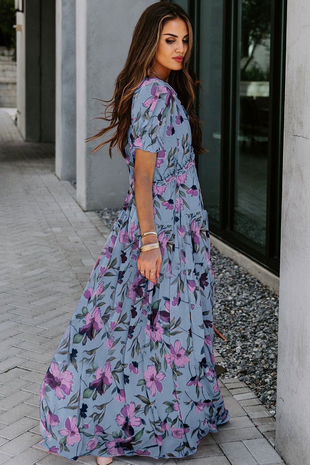 Sky Blue Fiery Floral Print Frilled V Neck Short Sleeve Maxi Dress - Crowned Energy CO.