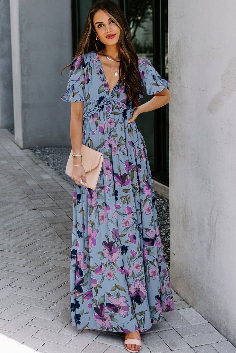Sky Blue Fiery Floral Print Frilled V Neck Short Sleeve Maxi Dress - Crowned Energy CO.