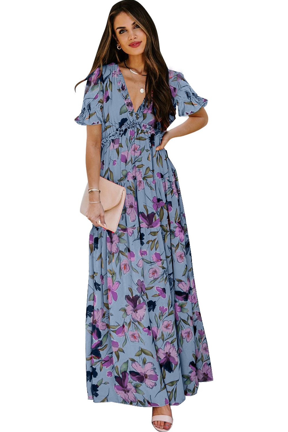 Sky Blue Fiery Floral Print Frilled V Neck Short Sleeve Maxi Dress - Crowned Energy CO.