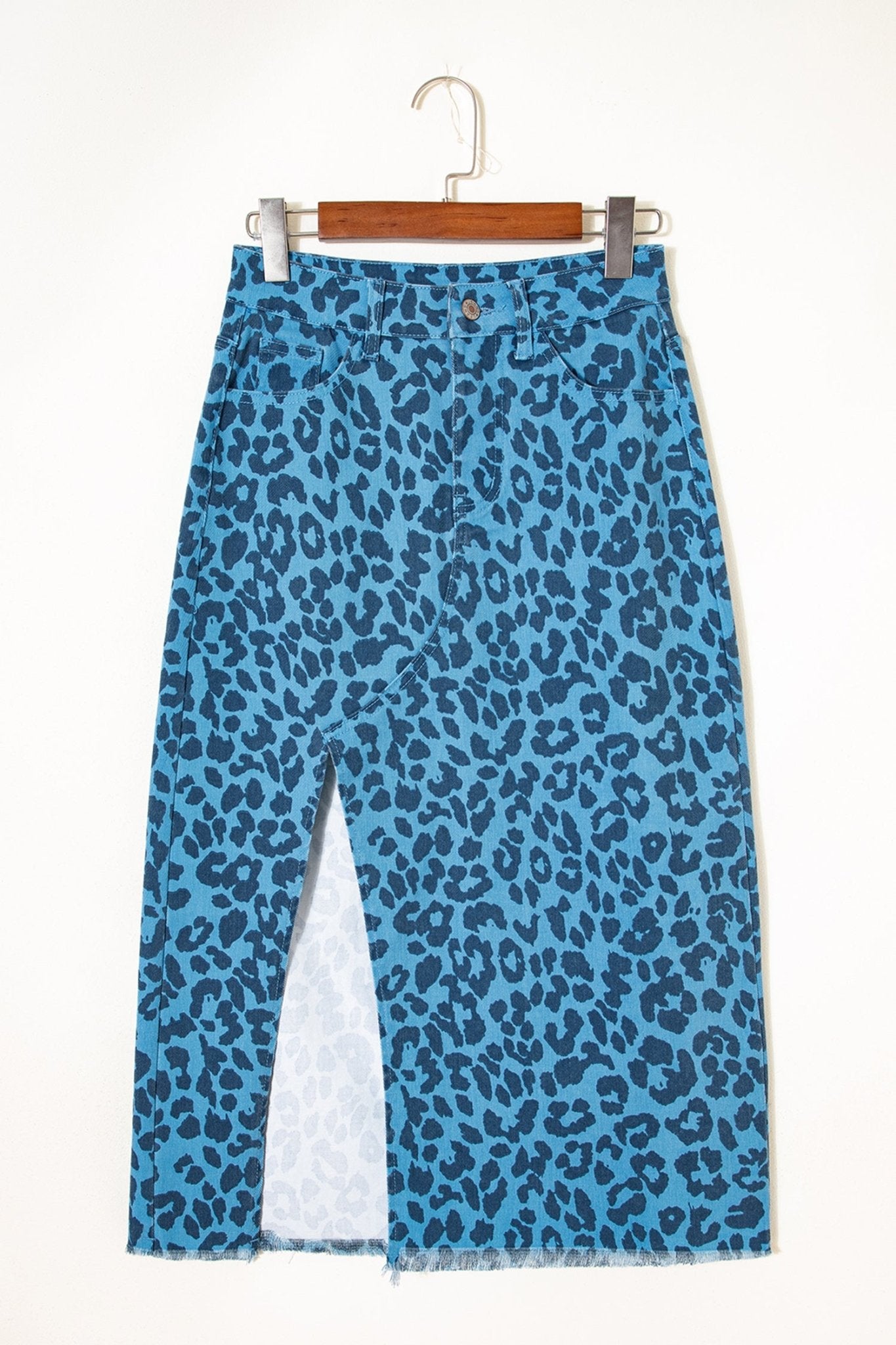 Sky Blue Leopard Denim Frayed Split Denim Midi Skirt - Crowned Energy CO.