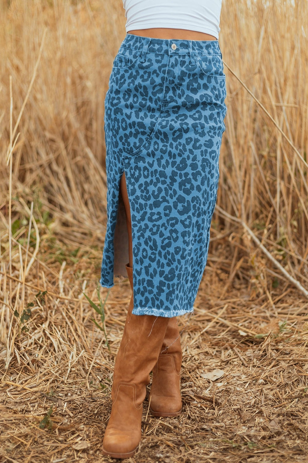 Sky Blue Leopard Denim Frayed Split Denim Midi Skirt - Crowned Energy CO.