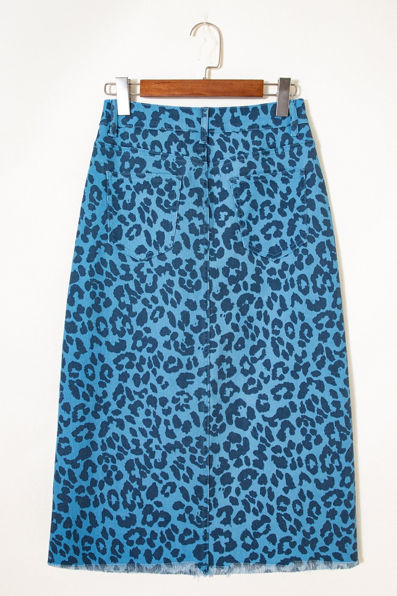Sky Blue Leopard Denim Frayed Split Denim Midi Skirt - Crowned Energy CO.