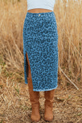 Sky Blue Leopard Denim Frayed Split Denim Midi Skirt - Crowned Energy CO.