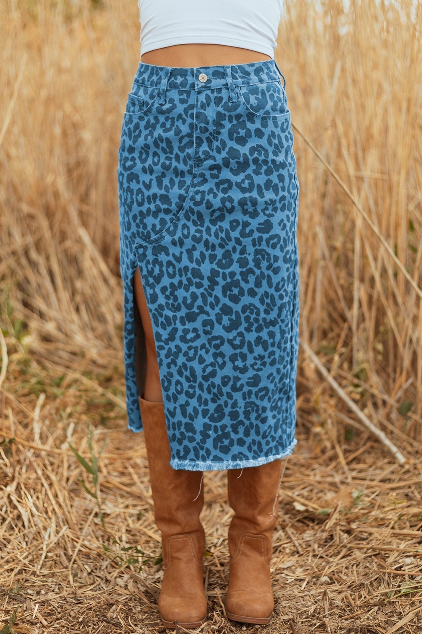 Sky Blue Leopard Denim Frayed Split Denim Midi Skirt - Crowned Energy CO.