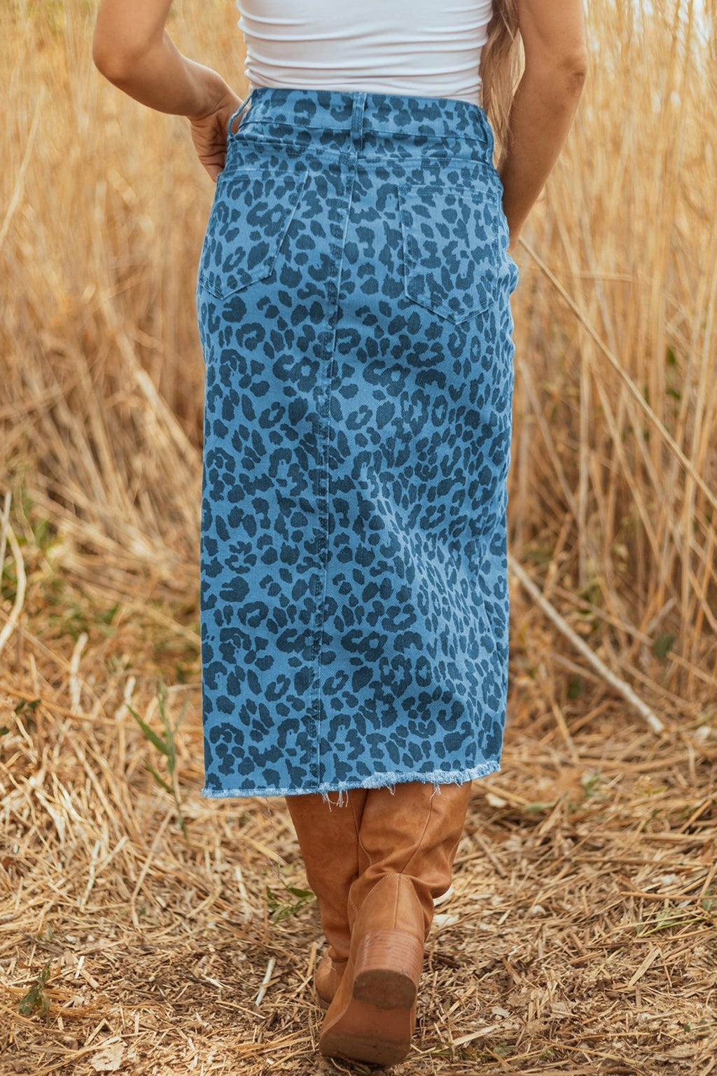 Sky Blue Leopard Denim Frayed Split Denim Midi Skirt - Crowned Energy CO.