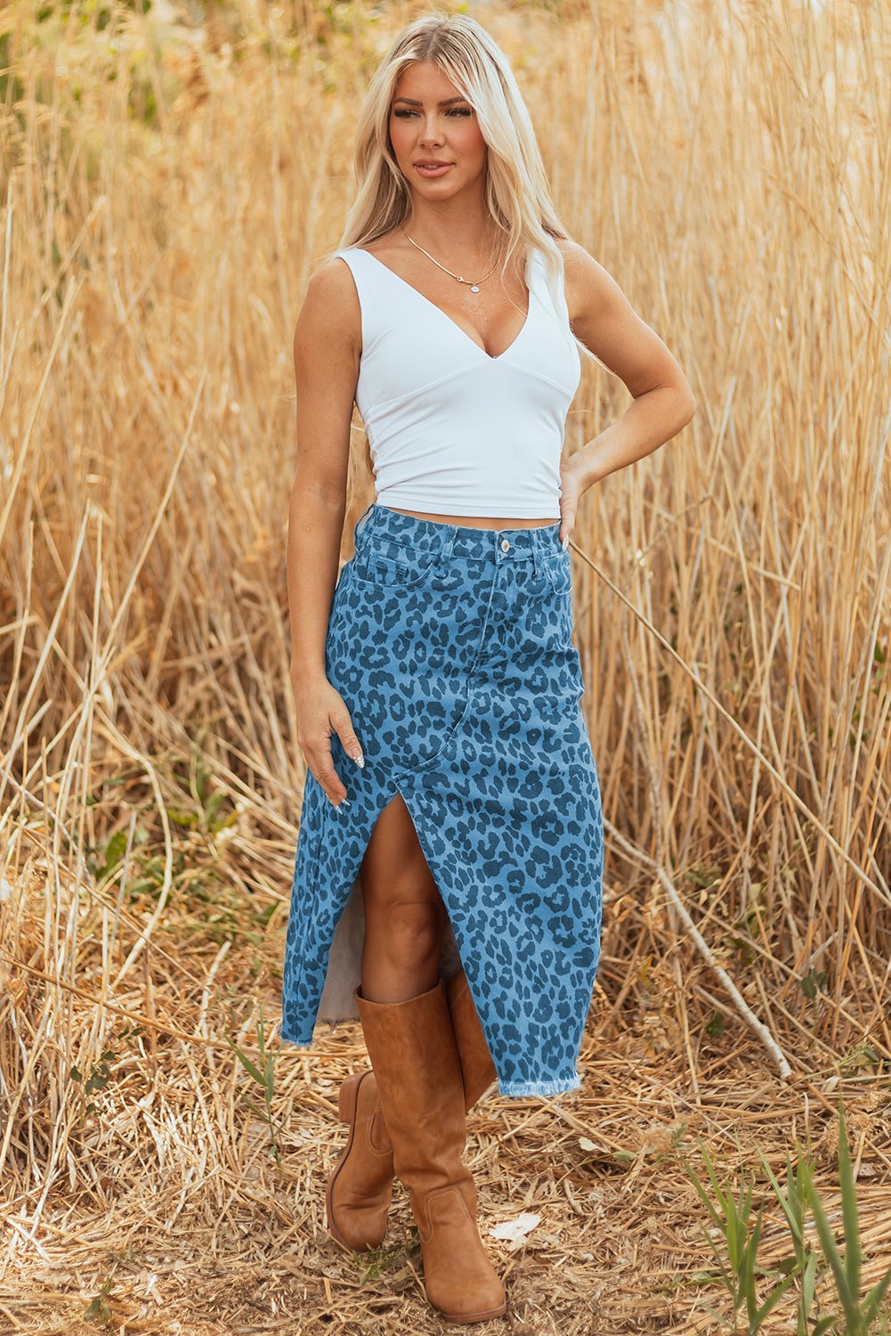 Sky Blue Leopard Denim Frayed Split Denim Midi Skirt - Crowned Energy CO.