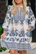 Sky Blue Plus Size Boho Print Split Neck Long Sleeve Mini Dress - Crowned Energy CO.