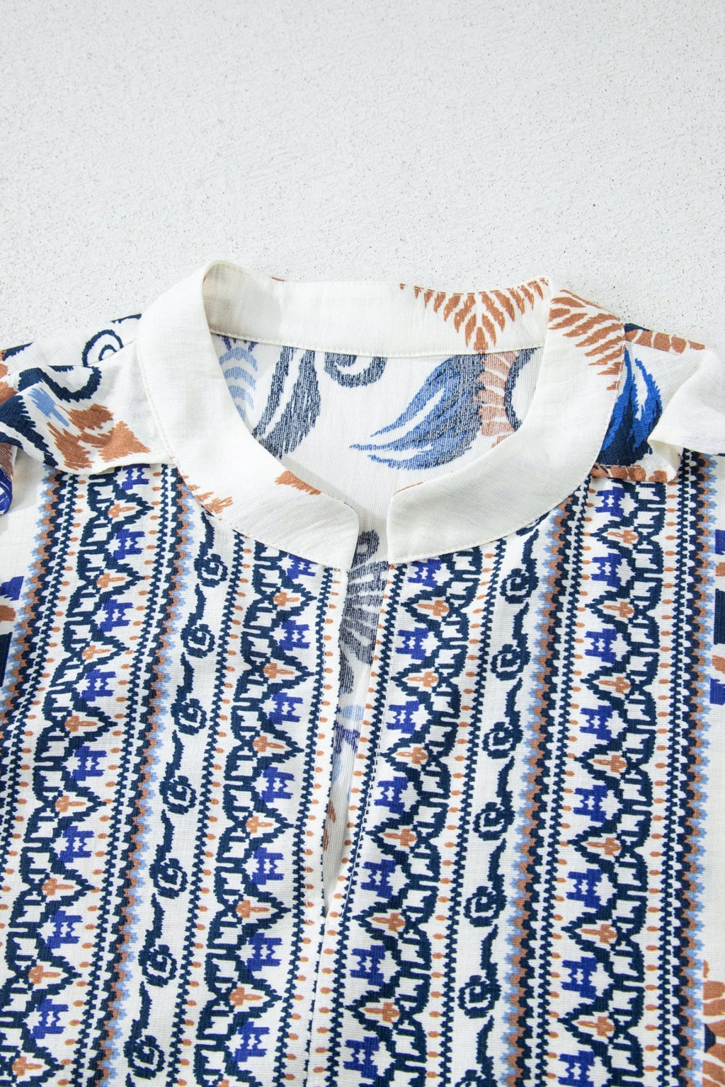 Sky Blue Plus Size Boho Print Split Neck Long Sleeve Mini Dress - Crowned Energy CO.