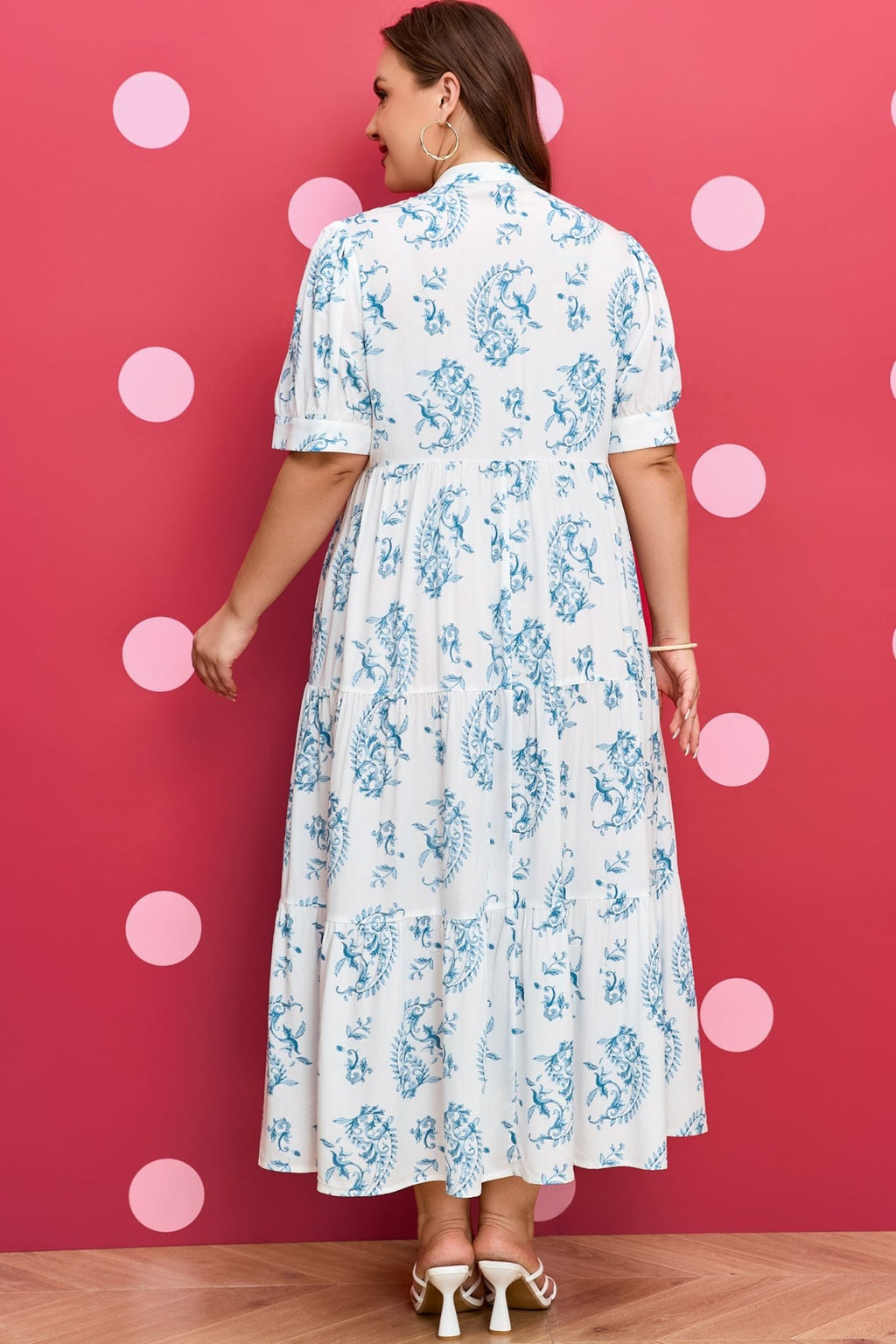 Sky Blue Plus Size Geometric Floral Print Button Split Neck Short Sleeve Maxi Dress - Crowned Energy CO.