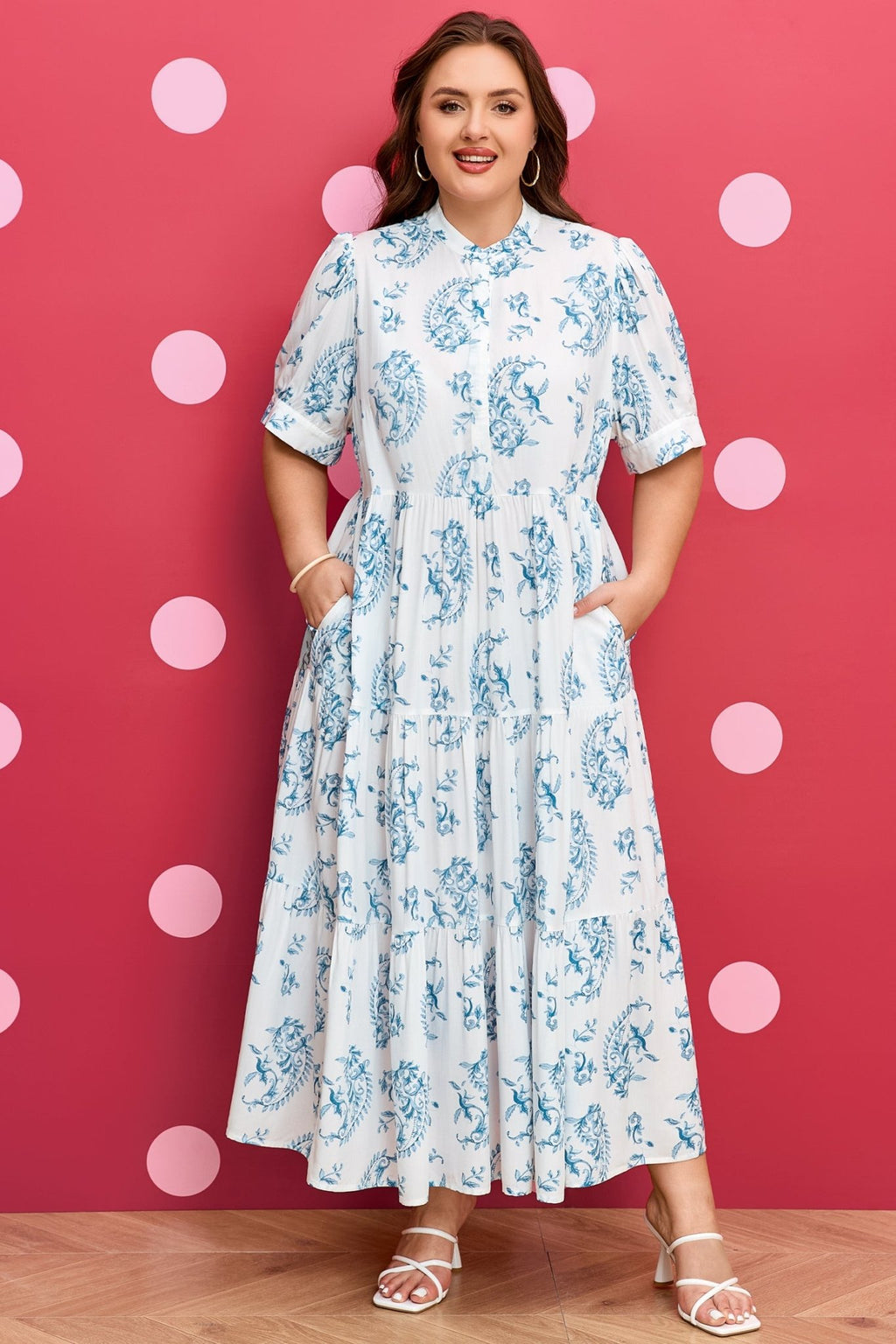 Sky Blue Plus Size Geometric Floral Print Button Split Neck Short Sleeve Maxi Dress - Crowned Energy CO.