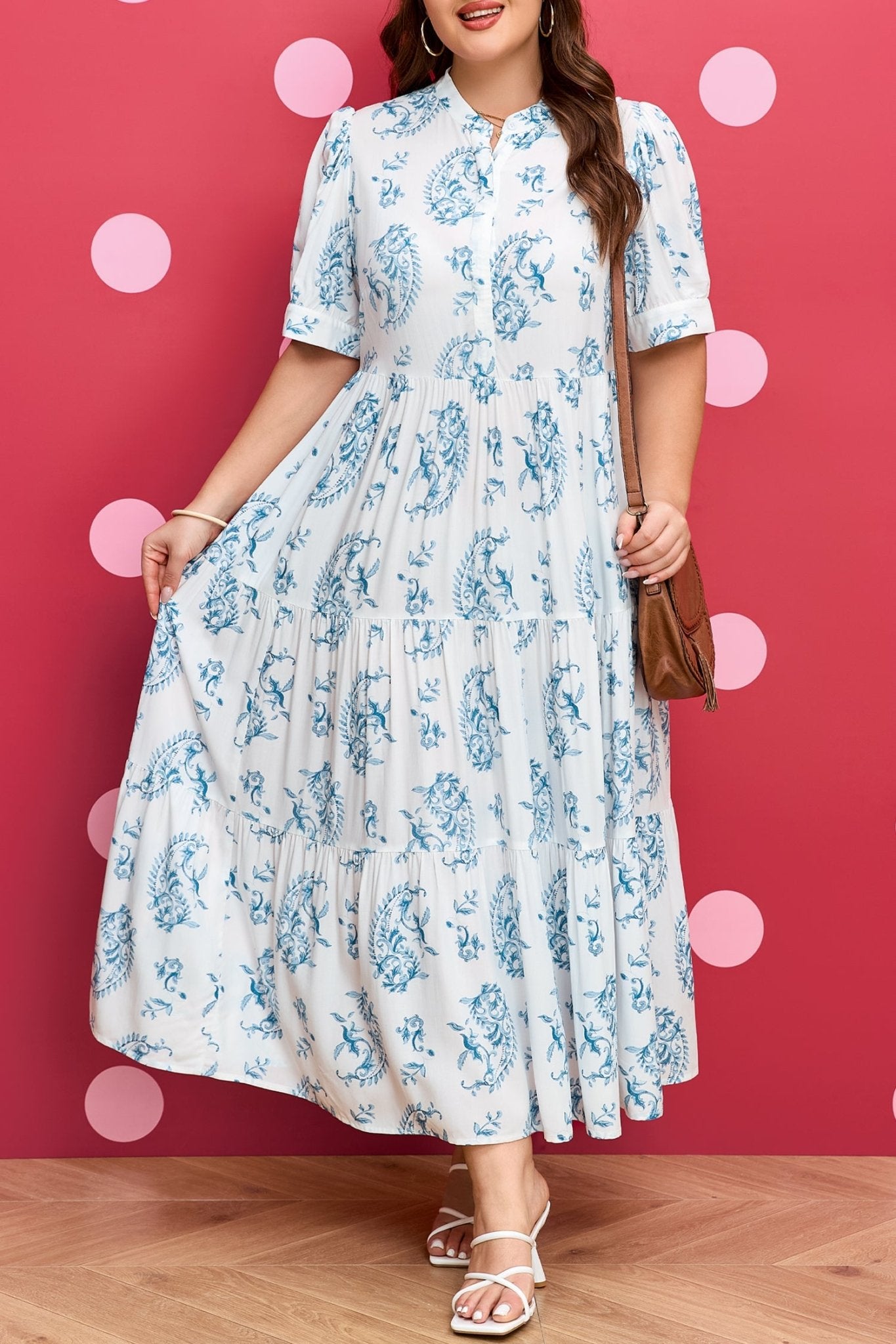 Sky Blue Plus Size Geometric Floral Print Button Split Neck Short Sleeve Maxi Dress - Crowned Energy CO.