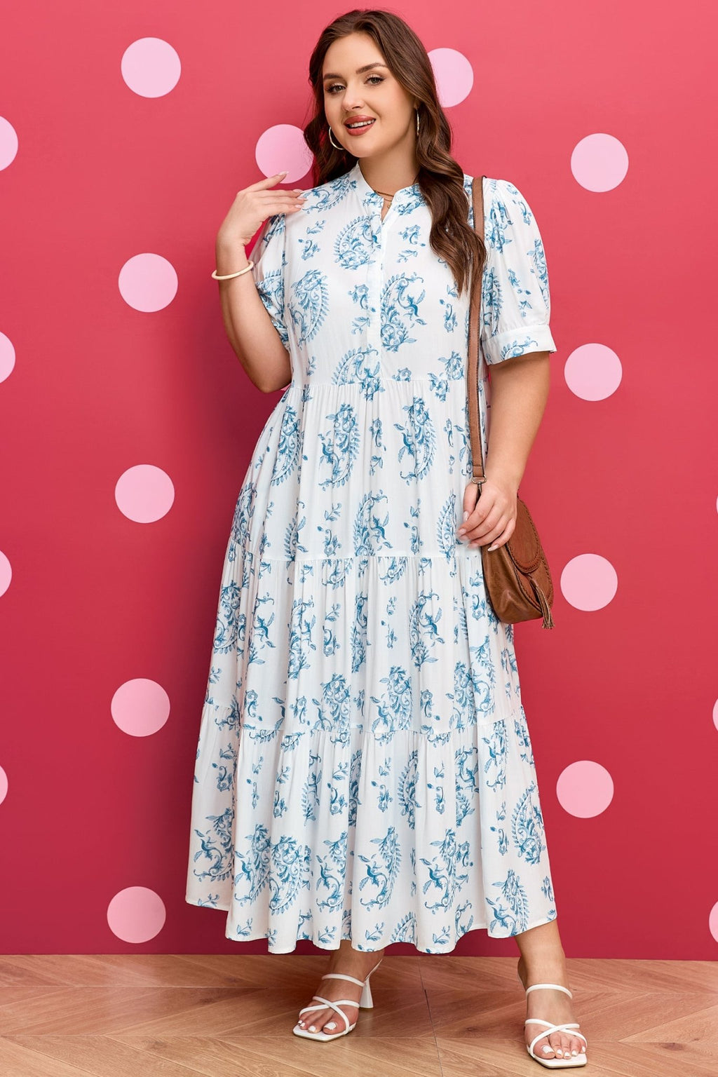 Sky Blue Plus Size Geometric Floral Print Button Split Neck Short Sleeve Maxi Dress - Crowned Energy CO.