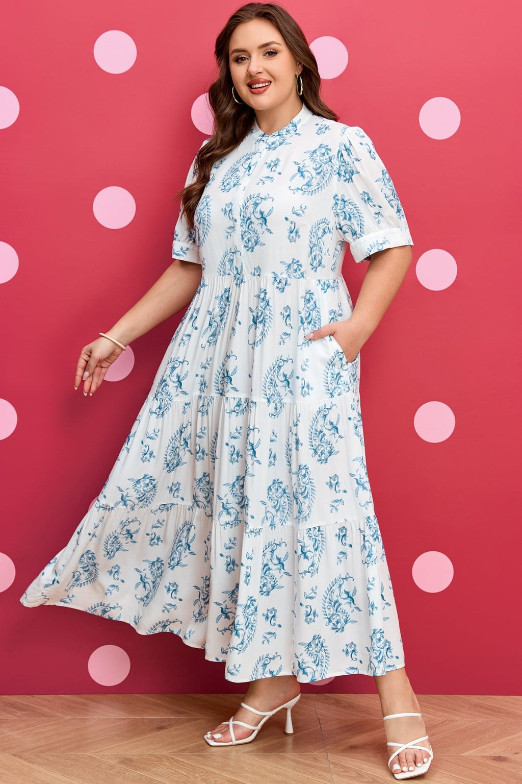 Sky Blue Plus Size Geometric Floral Print Button Split Neck Short Sleeve Maxi Dress - Crowned Energy CO.