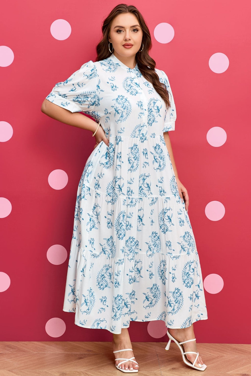 Sky Blue Plus Size Geometric Floral Print Button Split Neck Short Sleeve Maxi Dress - Crowned Energy CO.