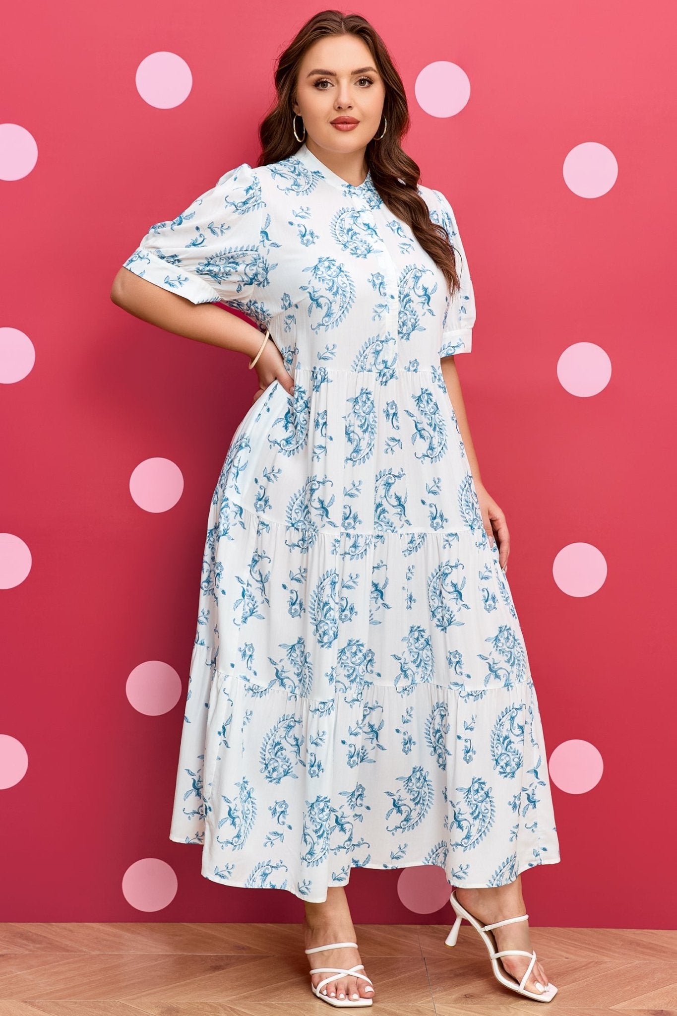 Sky Blue Plus Size Geometric Floral Print Button Split Neck Short Sleeve Maxi Dress - Crowned Energy CO.