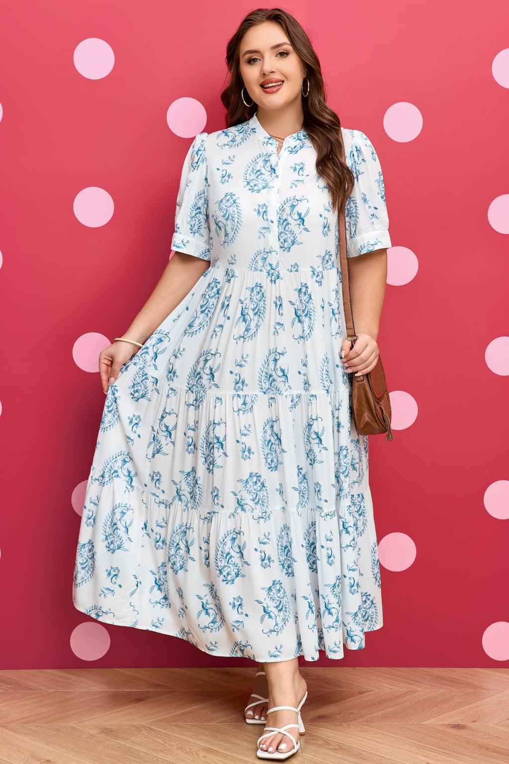 Sky Blue Plus Size Geometric Floral Print Button Split Neck Short Sleeve Maxi Dress - Crowned Energy CO.