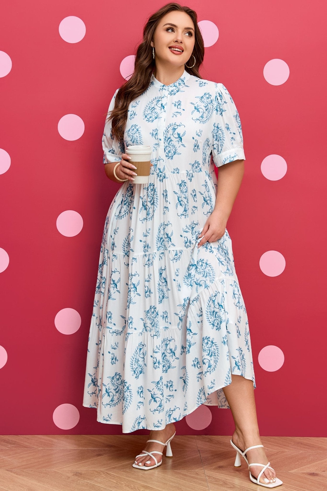 Sky Blue Plus Size Geometric Floral Print Button Split Neck Short Sleeve Maxi Dress - Crowned Energy CO.