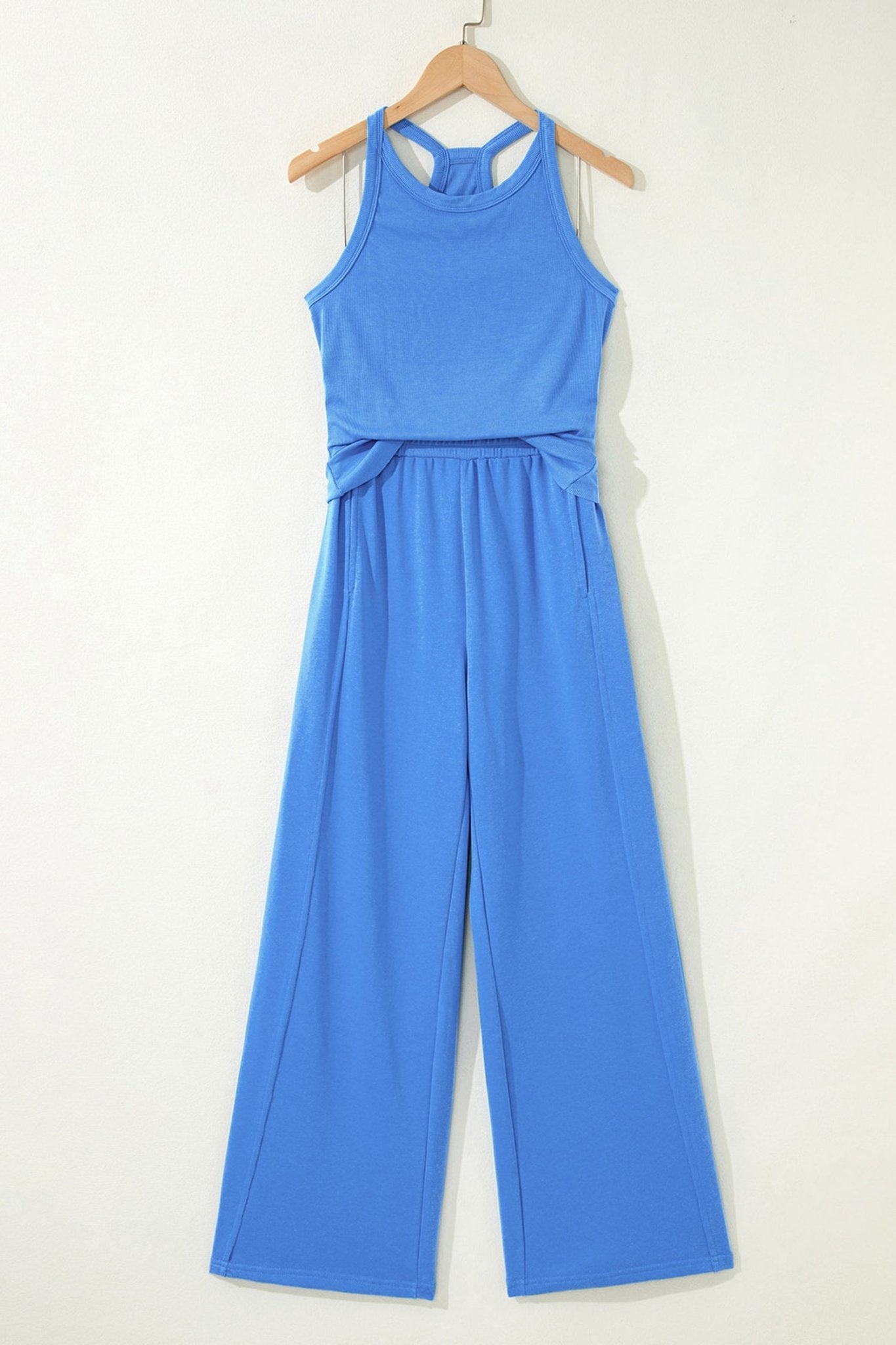Sky Blue Slim Ribbed Tank Top and Sweatpants Set - Crowned Energy CO.