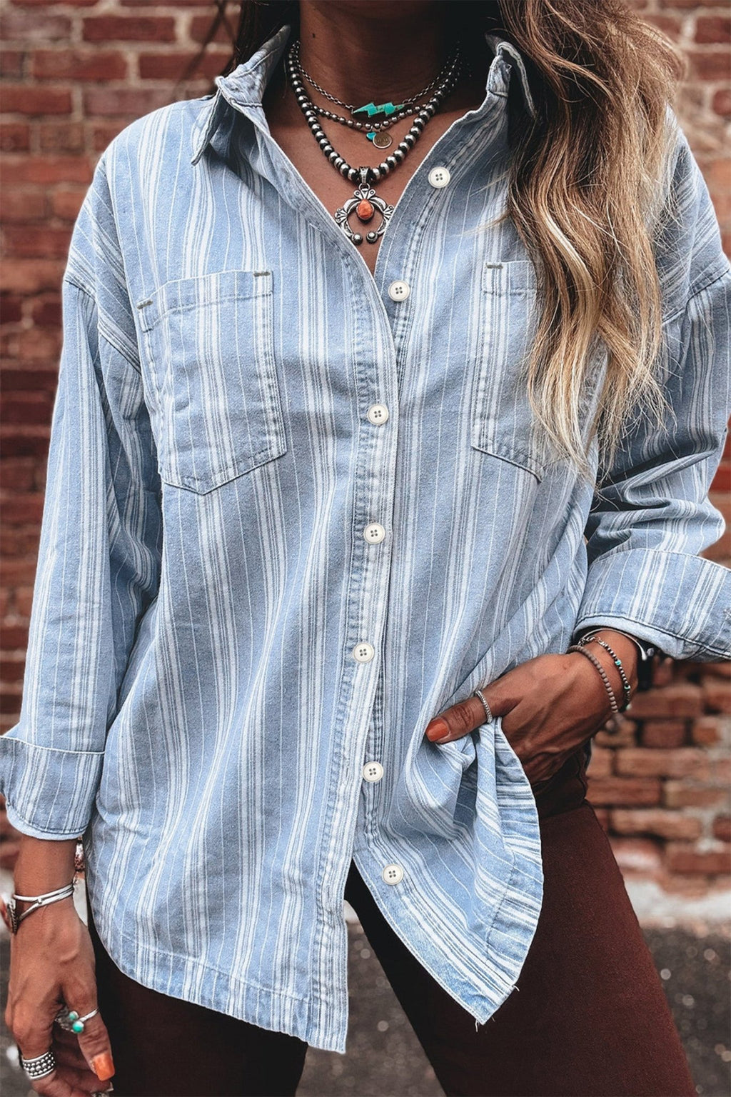 Sky Blue Stripe Boyfriend Chest Pocket Classic Denim Shacket - Crowned Energy CO.