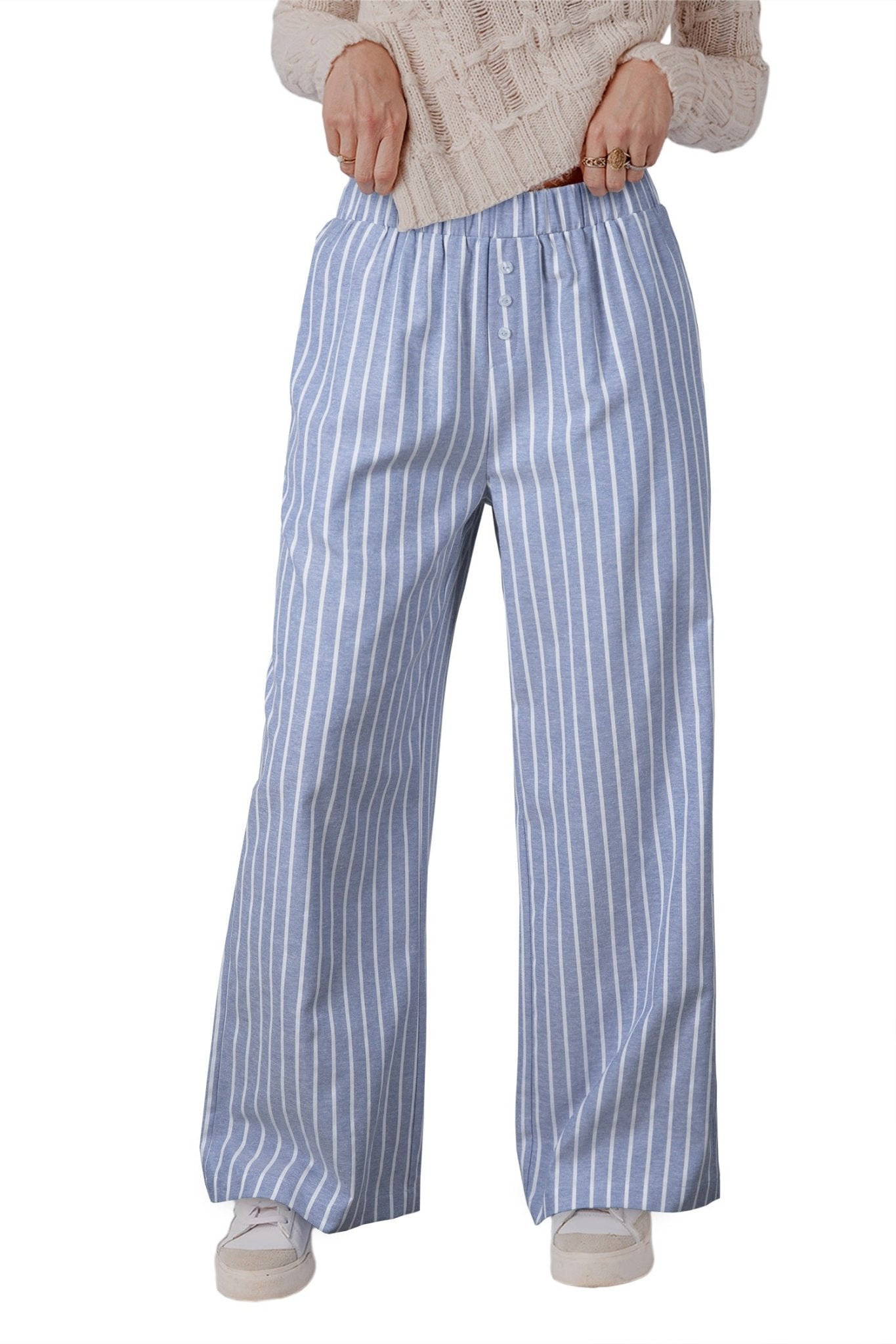 Sky Blue Stripe Buttoned Detail Loose Casual Pants - Crowned Energy CO.