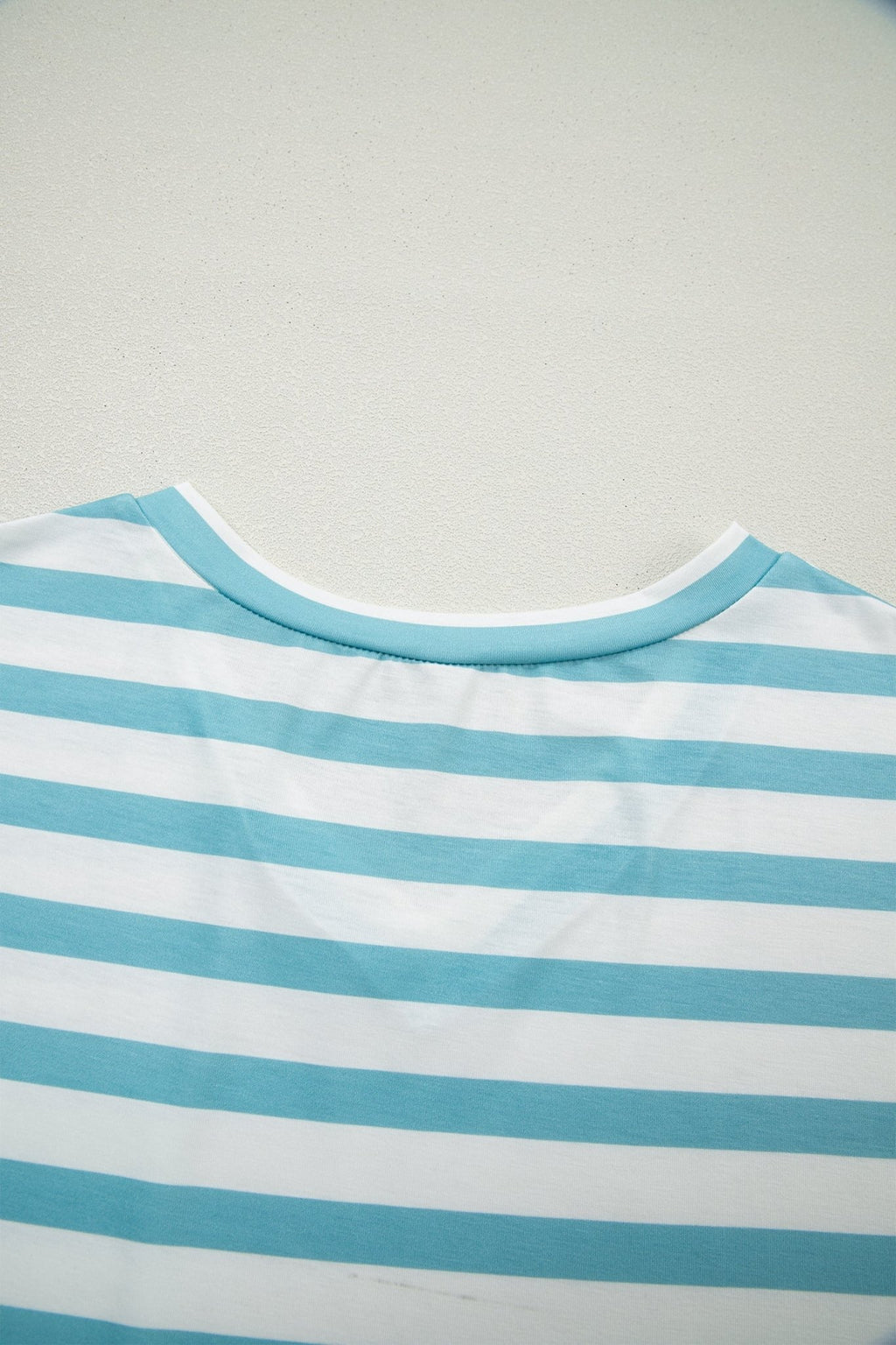 Sky Blue Stripe V Neck Patched Pocket Casual T Shirt - Crowned Energy CO.