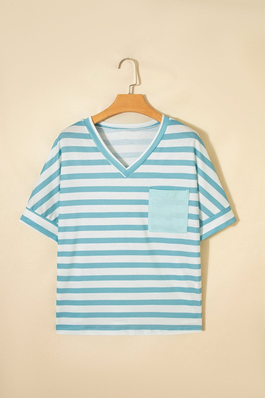 Sky Blue Stripe V Neck Patched Pocket Casual T Shirt - Crowned Energy CO.