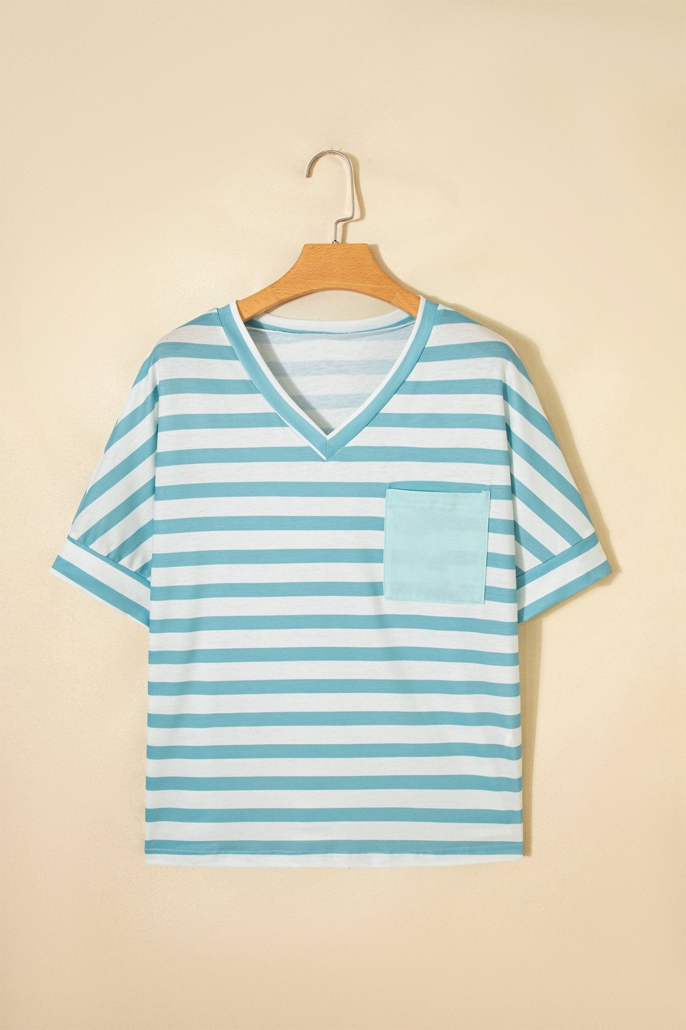 Sky Blue Stripe V Neck Patched Pocket Casual T Shirt - Crowned Energy CO.