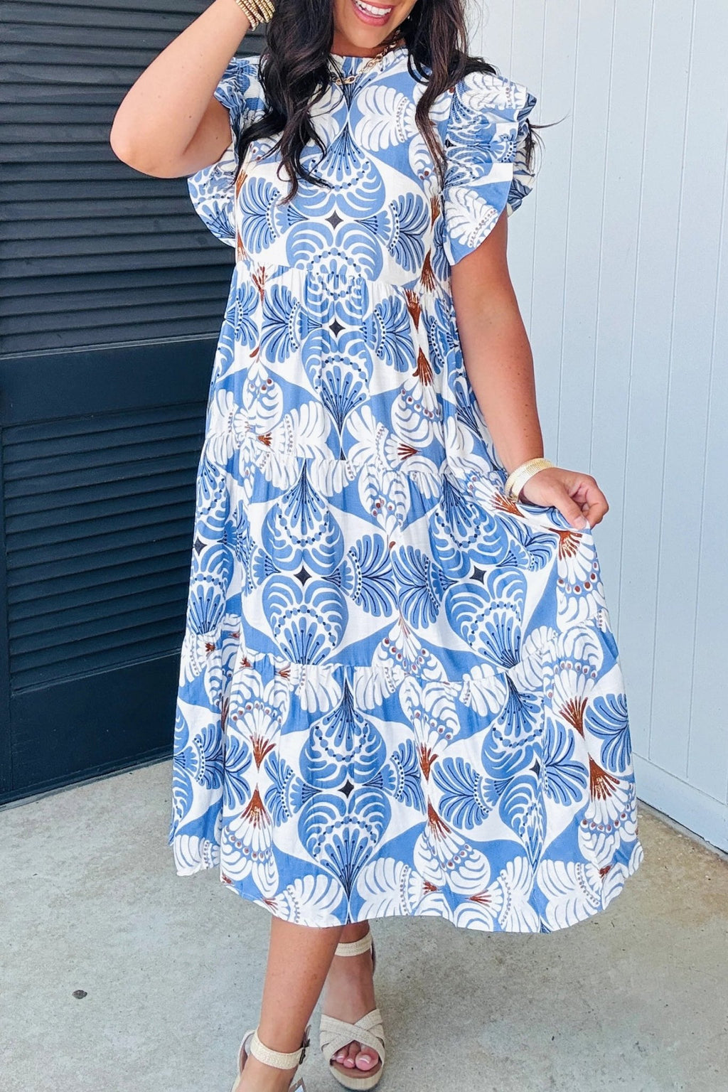 Sky Blue Tropical Botanic Print Flutter Sleeve Vacation Long Dress - Crowned Energy CO.