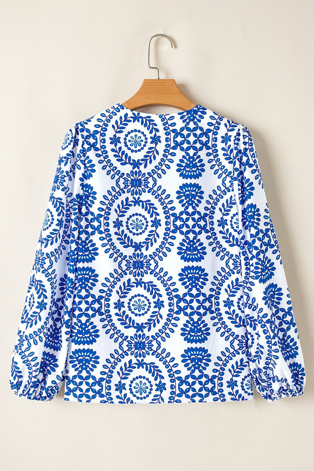 Sky Blue Vintage Geometric Printed Puff Sleeve Slit V Neck Shirt - Crowned Energy CO.