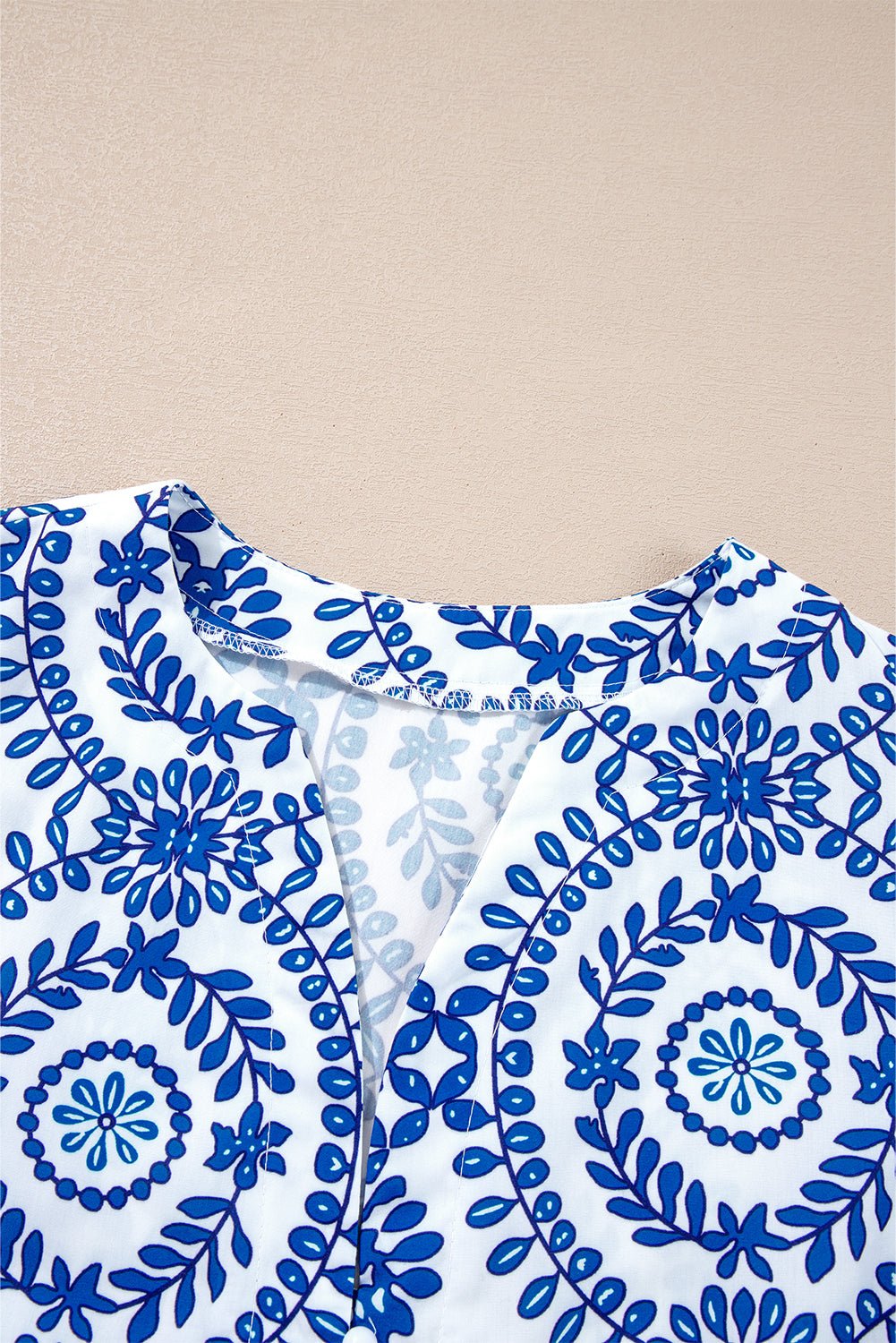 Sky Blue Vintage Geometric Printed Puff Sleeve Slit V Neck Shirt - Crowned Energy CO.