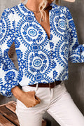 Sky Blue Vintage Geometric Printed Puff Sleeve Slit V Neck Shirt - Crowned Energy CO.