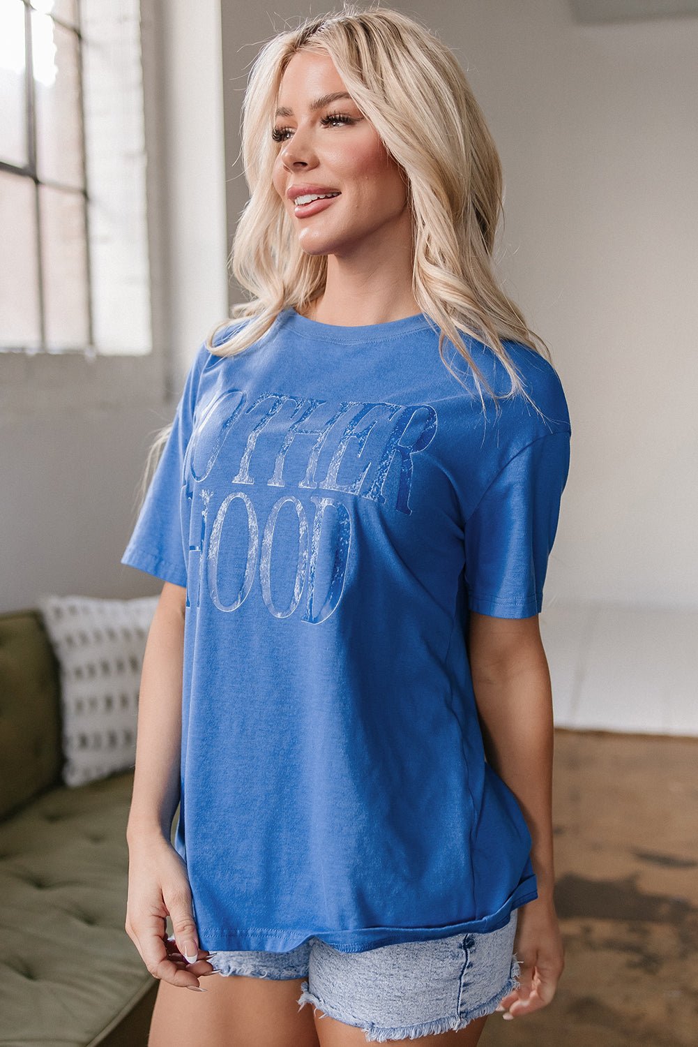 Sky Blue Vintage MOTHERHOOD Letter Graphic T Shirt - Crowned Energy CO.