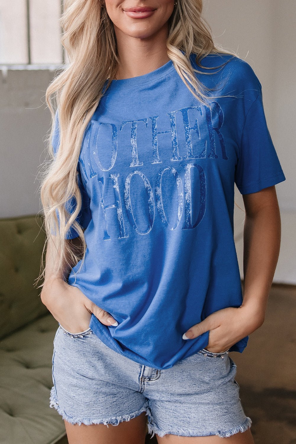 Sky Blue Vintage MOTHERHOOD Letter Graphic T Shirt - Crowned Energy CO.