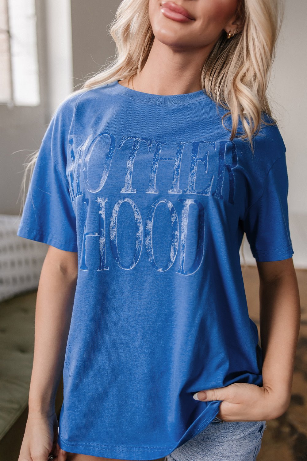 Sky Blue Vintage MOTHERHOOD Letter Graphic T Shirt - Crowned Energy CO.