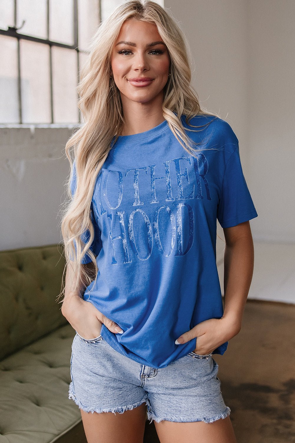 Sky Blue Vintage MOTHERHOOD Letter Graphic T Shirt - Crowned Energy CO.