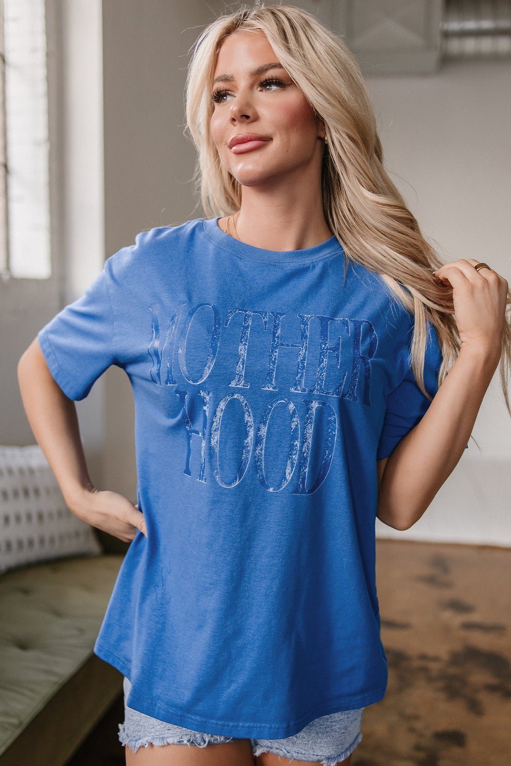 Sky Blue Vintage MOTHERHOOD Letter Graphic T Shirt - Crowned Energy CO.