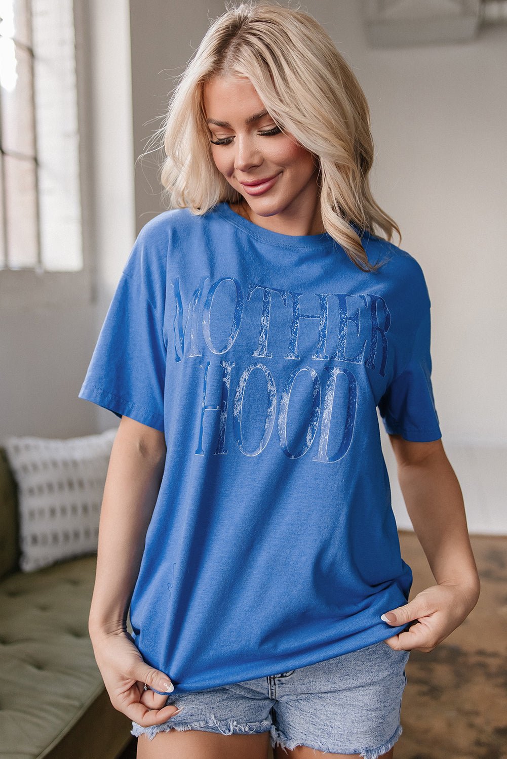 Sky Blue Vintage MOTHERHOOD Letter Graphic T Shirt - Crowned Energy CO.