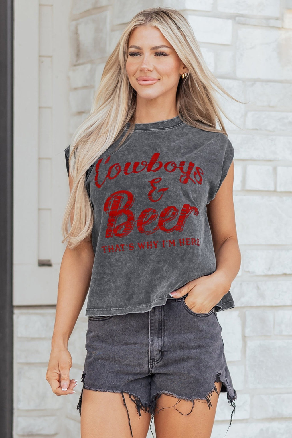 Sleet Cowboy & Beer Western Graphic Mineral Wash Tank Top - Crowned Energy CO.