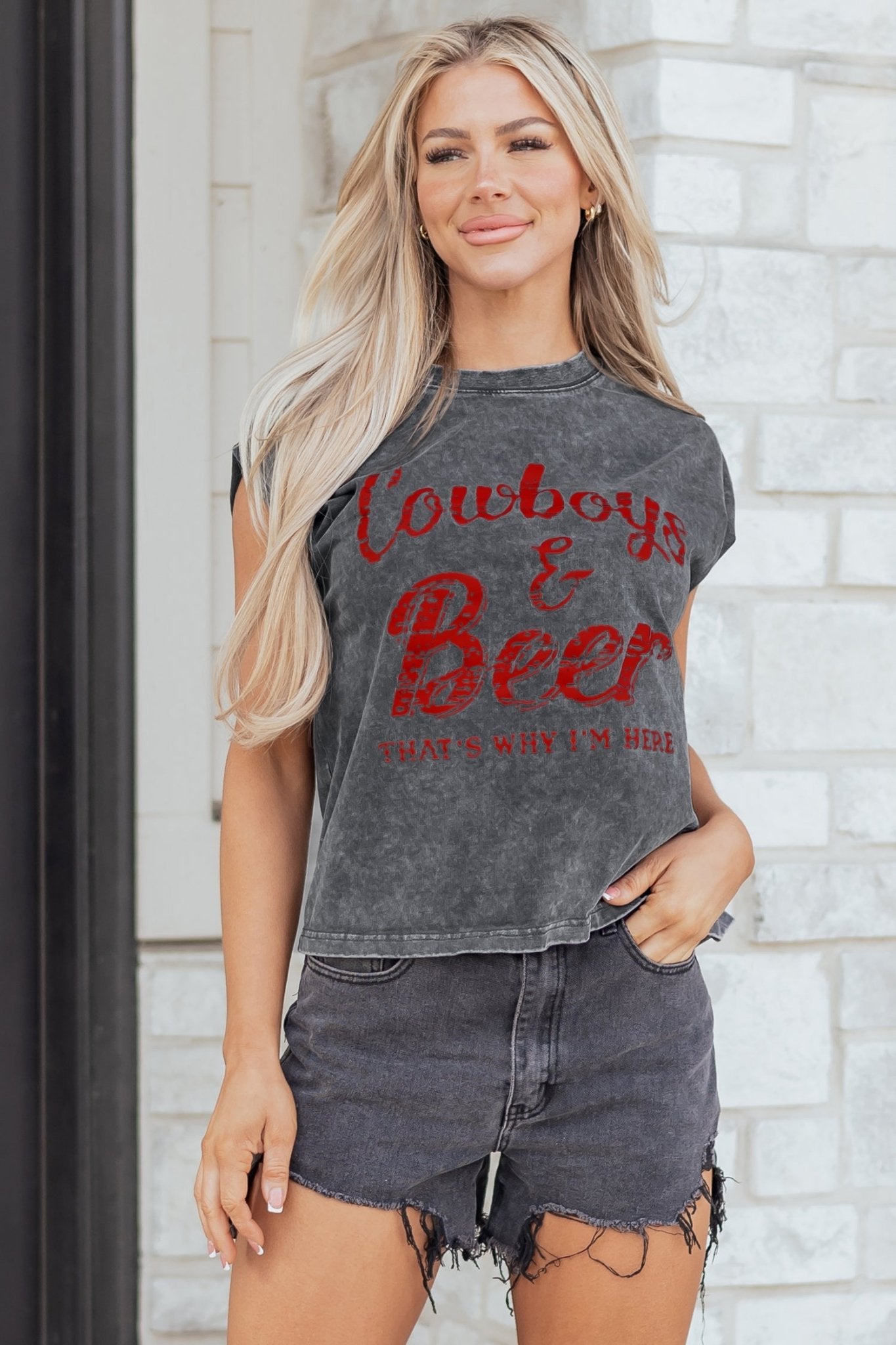 Sleet Cowboy & Beer Western Graphic Mineral Wash Tank Top - Crowned Energy CO.