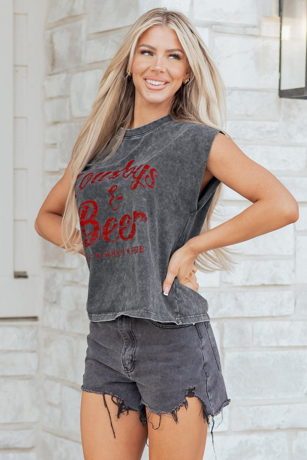 Sleet Cowboy & Beer Western Graphic Mineral Wash Tank Top - Crowned Energy CO.